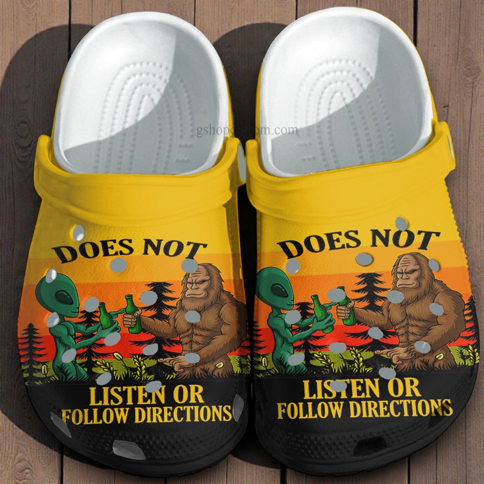 Bigfoot & Alien Drinking Beer Crocs | Funny “Does Not Listen” Sasquatch Shoes
