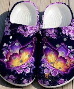 Glowing Purple Butterfly & Roses Crocs – Dark Floral Nature Shoes