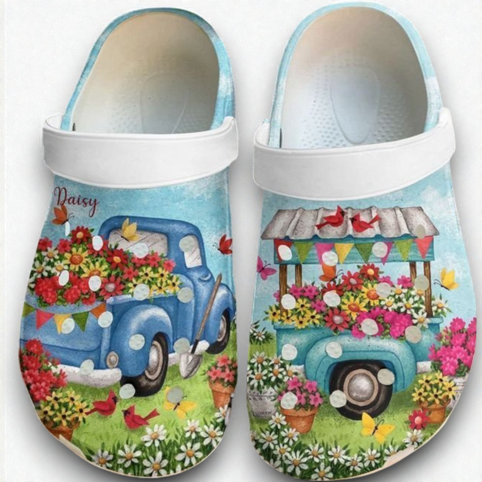 Vintage Blue Flower Truck & Red Cardinals Crocs – Spring Farmhouse Garden Shoes Vintage Blue Flower Truck & Red Cardinals Crocs – Spring Farmhouse Garden Shoes