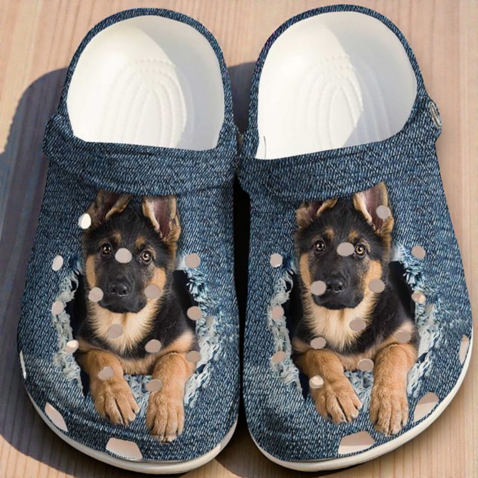 German Shepherd Puppy Ripped Denim Crocs – Funny Dog Lover Shoes German Shepherd Puppy Ripped Denim Crocs – Funny Dog Lover Shoes