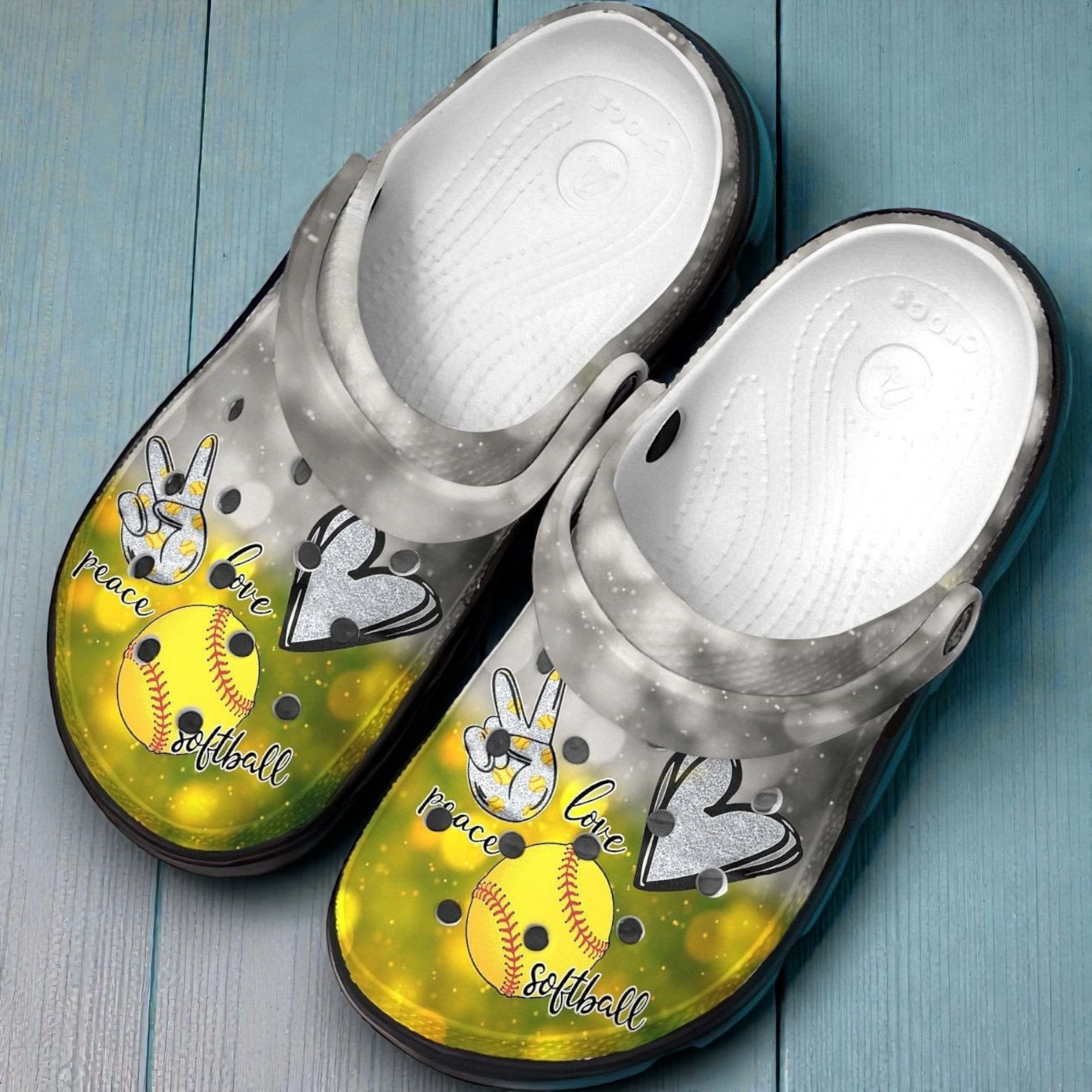 “Diamond Shine” – Peace, Love & Softball Glitter Crocs “Diamond Shine” – Peace, Love & Softball Glitter Crocs