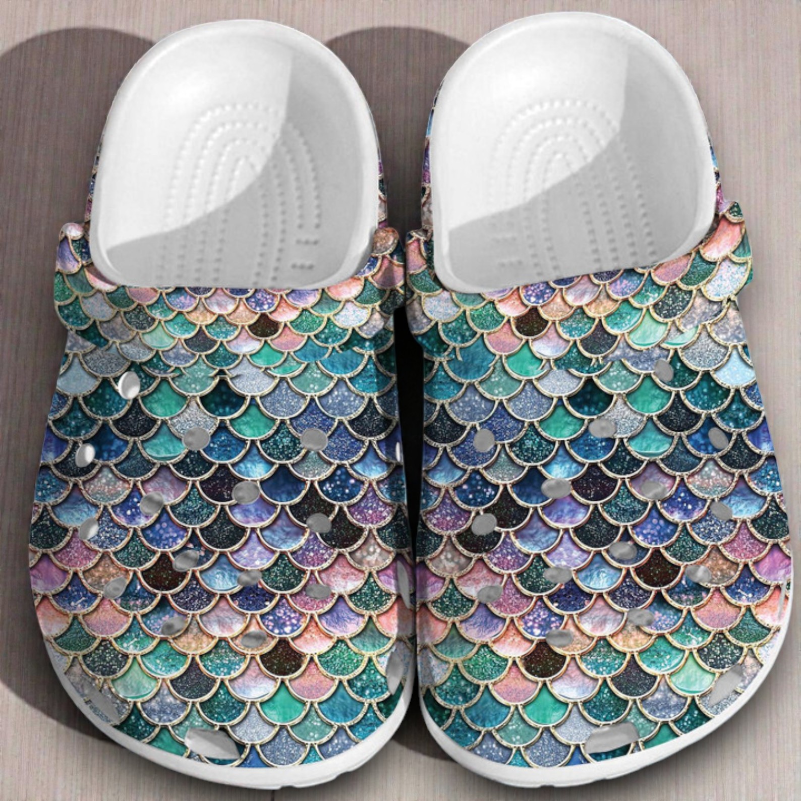 “Mermaid Magic” – Iridescent Glitter Scale Pattern Crocs “Mermaid Magic” – Iridescent Glitter Scale Pattern Crocs