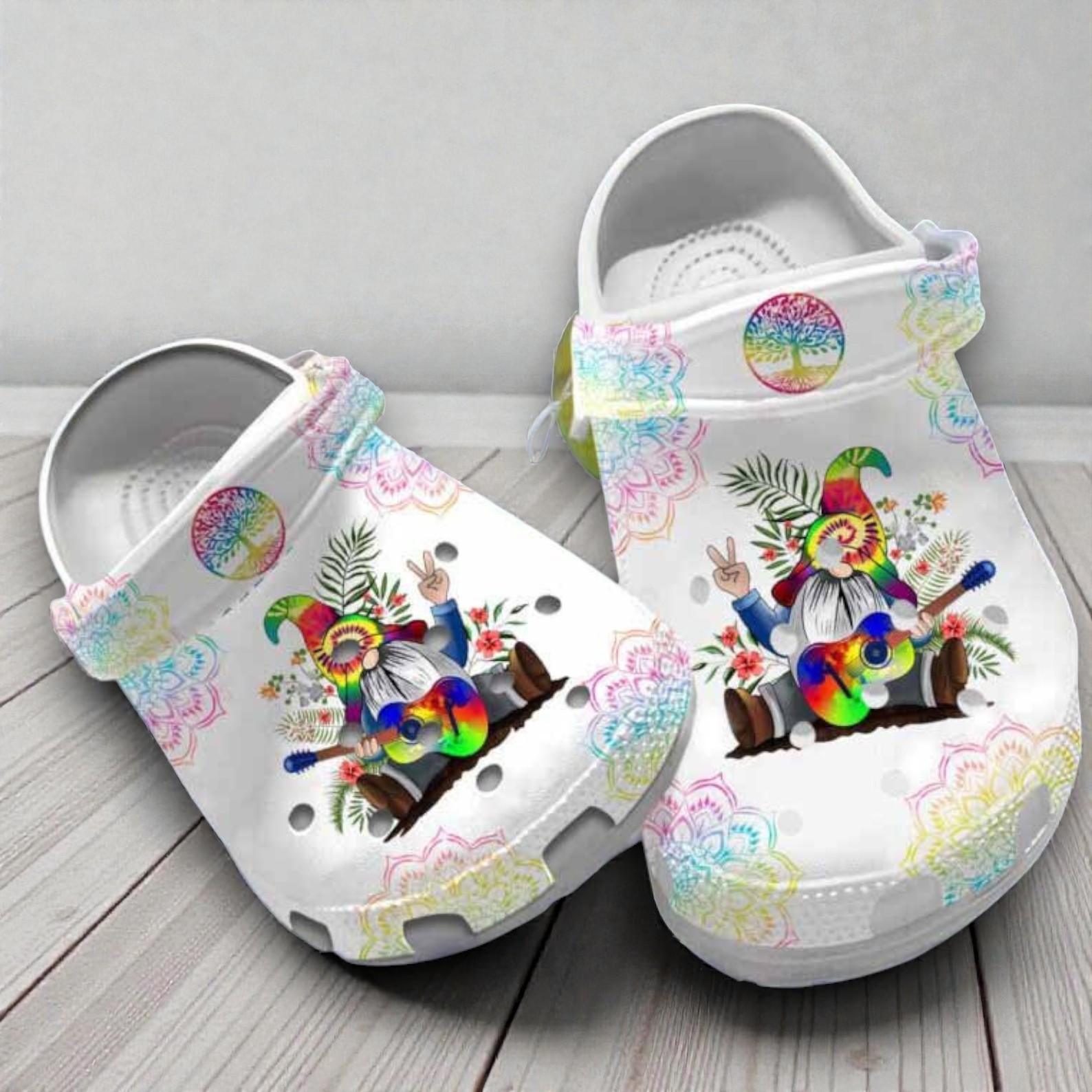 Hippie Peace Gnome Crocs | Tie Dye Guitar & Rainbow Mandala Shoes Hippie Peace Gnome Crocs | Tie Dye Guitar & Rainbow Mandala Shoes