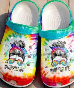 Tie Dye #HippieLife Crocs – Rainbow Messy Bun Girl Shoes