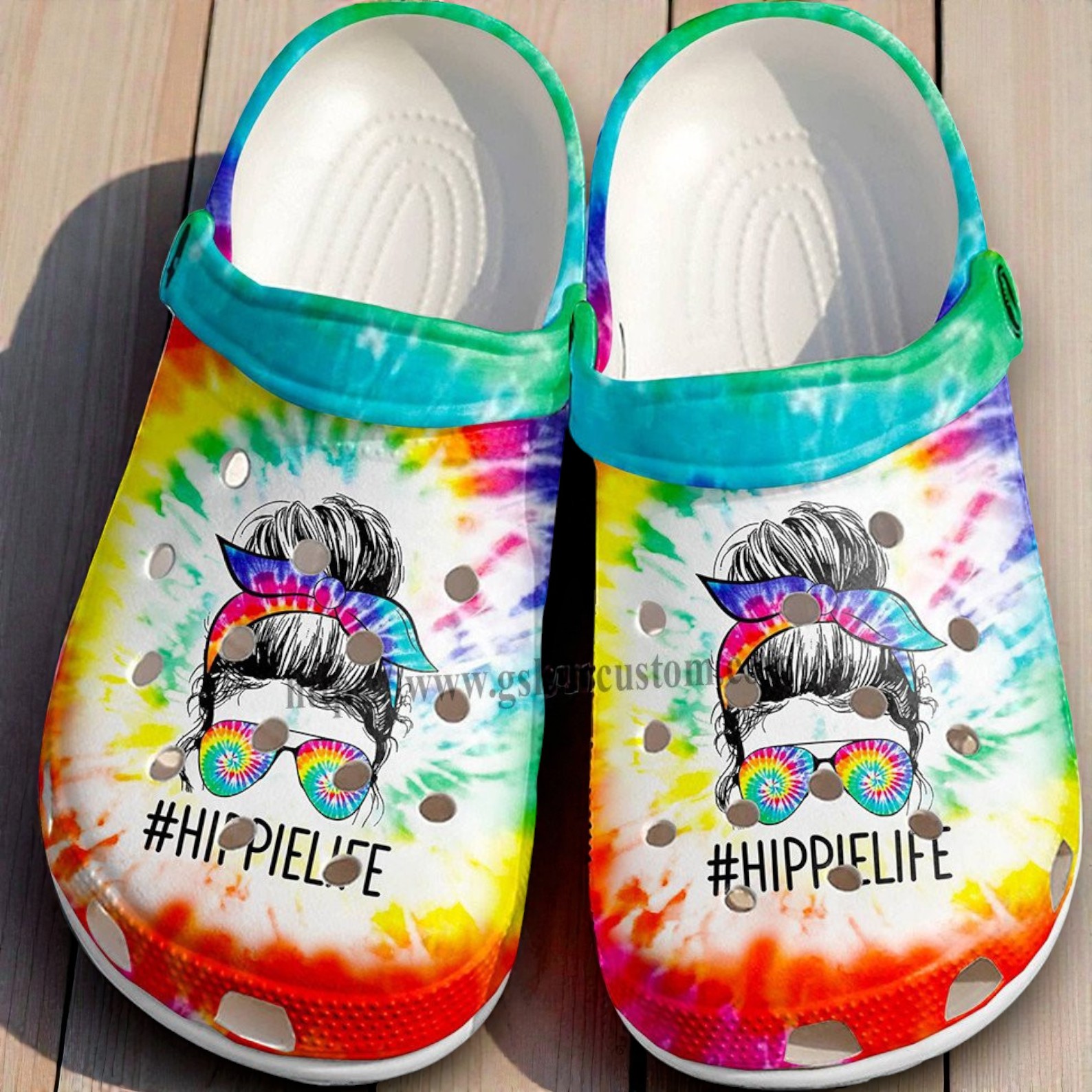 Tie Dye #HippieLife Crocs – Rainbow Messy Bun Girl Shoes Tie Dye #HippieLife Crocs – Rainbow Messy Bun Girl Shoes