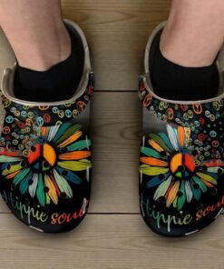 Black Hippie Soul Peace Sign Flower Crocs – Retro Festival Slip-On Shoes