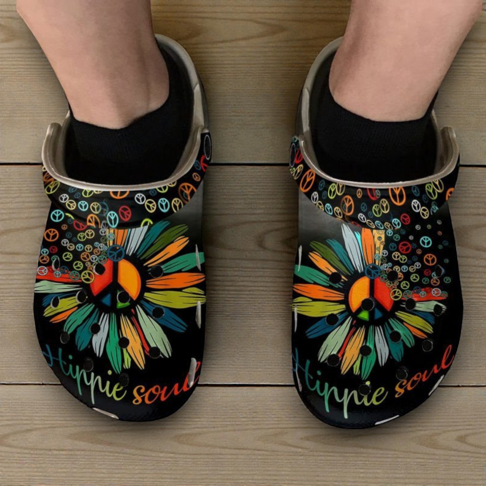 Black Hippie Soul Peace Sign Flower Crocs – Retro Festival Slip-On Shoes Black Hippie Soul Peace Sign Flower Crocs – Retro Festival Slip-On Shoes
