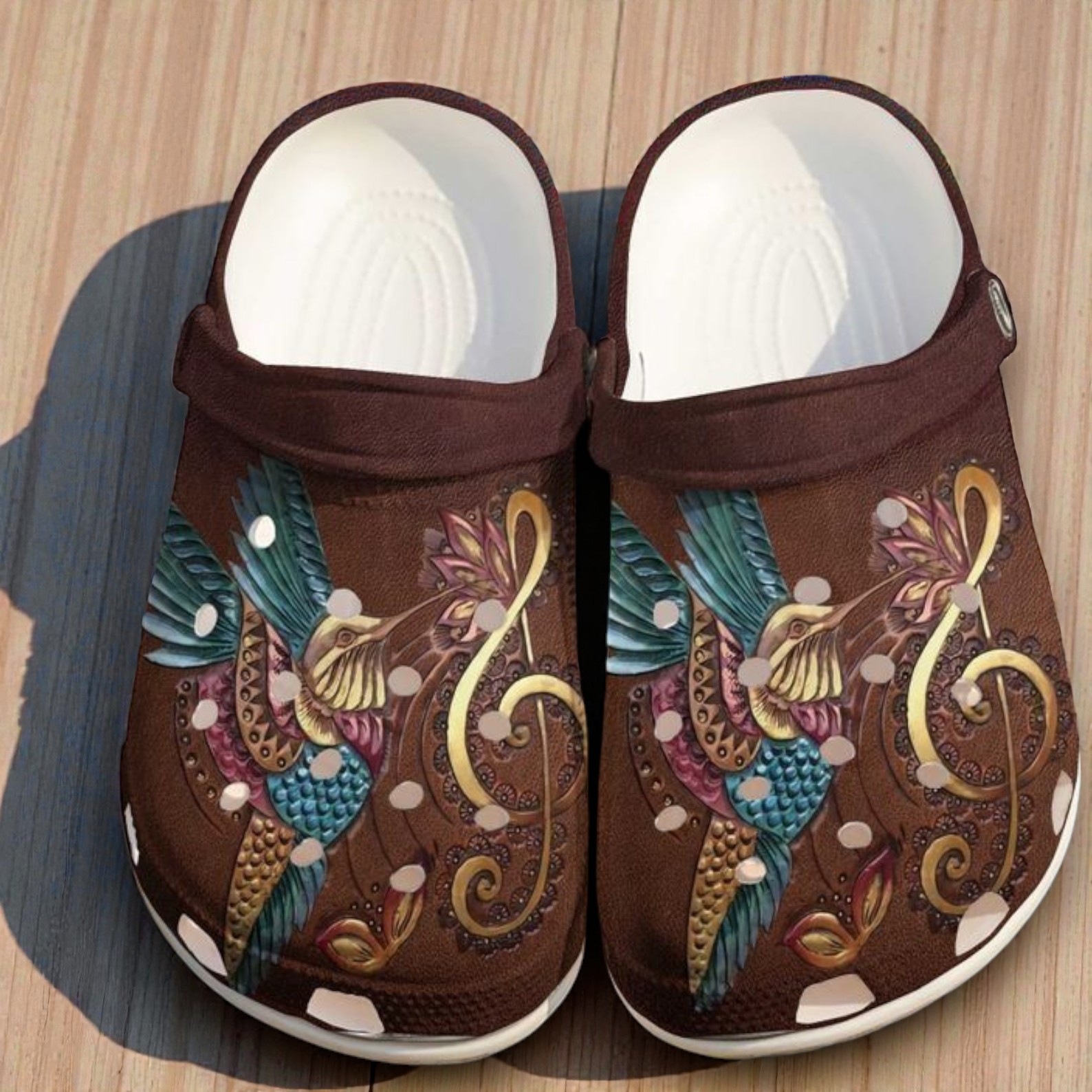 Faux Tooled Leather Hummingbird Crocs | Treble Clef & Music Note Print Faux Tooled Leather Hummingbird Crocs | Treble Clef & Music Note Print