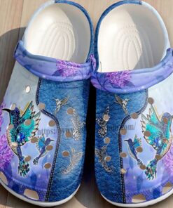 Blue Hummingbird & Purple Floral Crocs | Faux Leather Texture Print