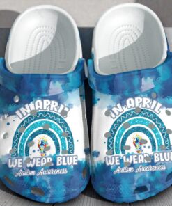 In April We Wear Blue Autism Awareness Crocs | Puzzle Lightbulb Design