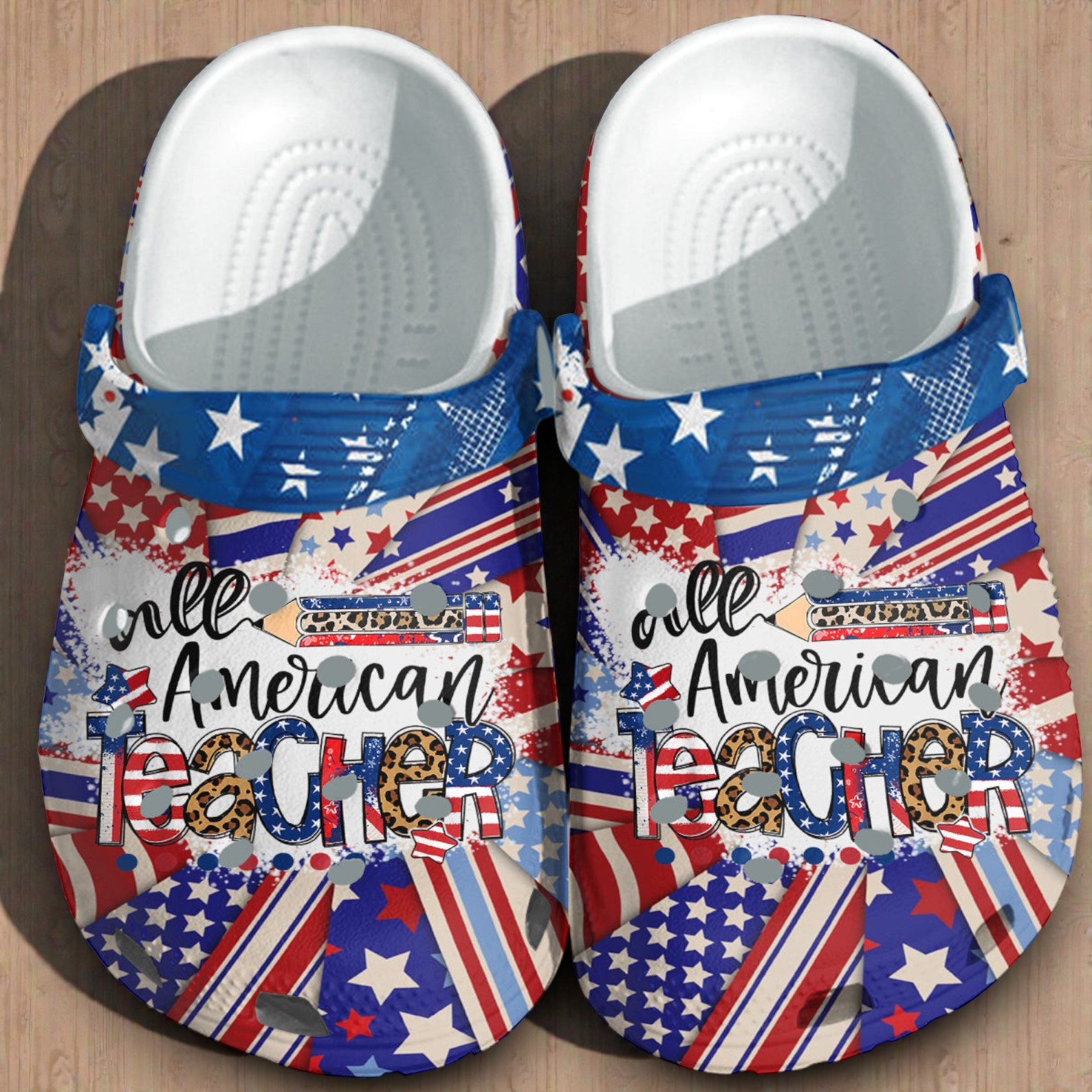All American Teacher Crocs | Patriotic USA Flag & Leopard Print Shoes All American Teacher Crocs | Patriotic USA Flag & Leopard Print Shoes