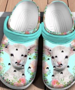 Cute Baby Lamb Floral Crocs – Pastel Blue Spring Farm Animal Shoes