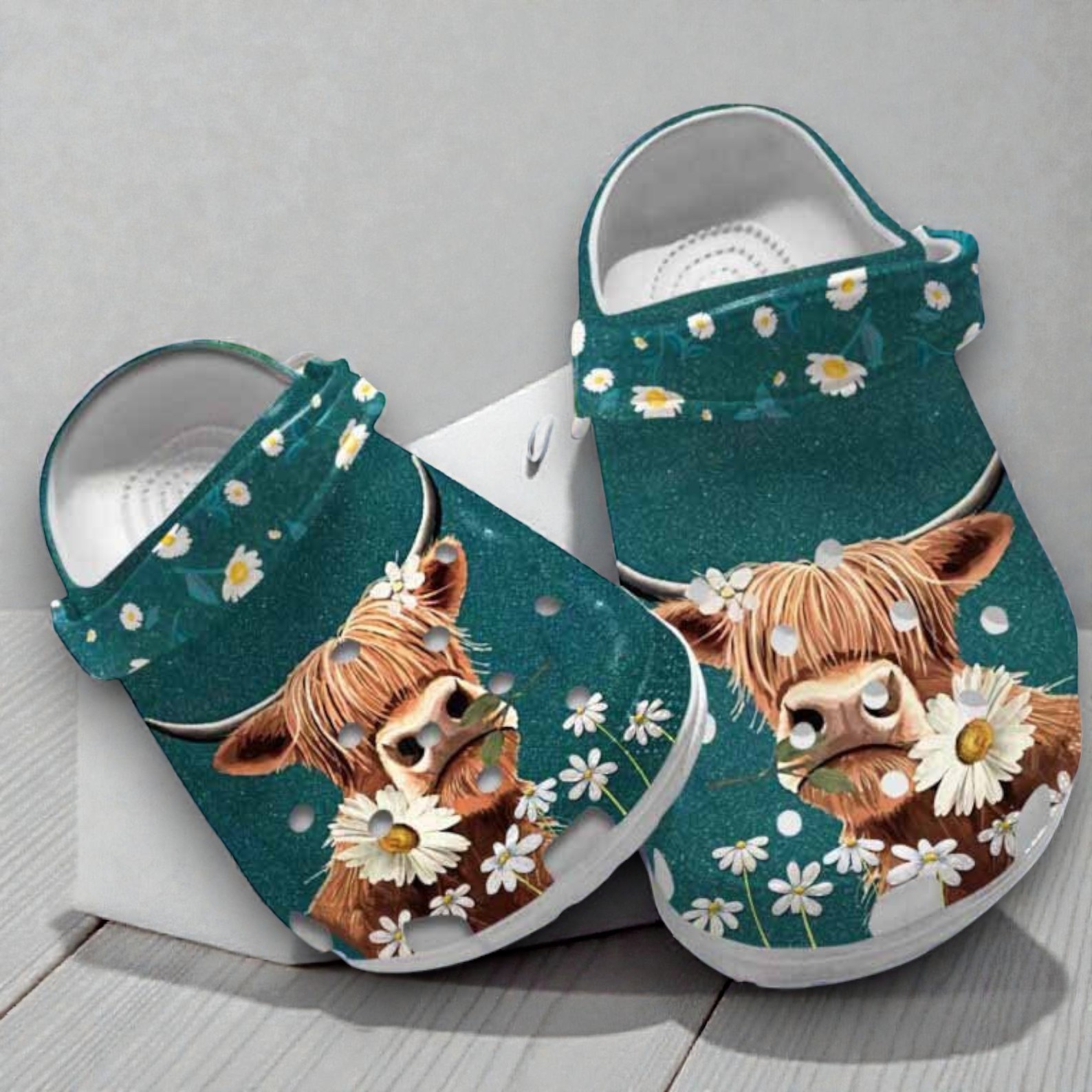 Cute Highland Cow & Daisy Crocs – Teal Country Farmhouse Shoes Cute Highland Cow & Daisy Crocs – Teal Country Farmhouse Shoes