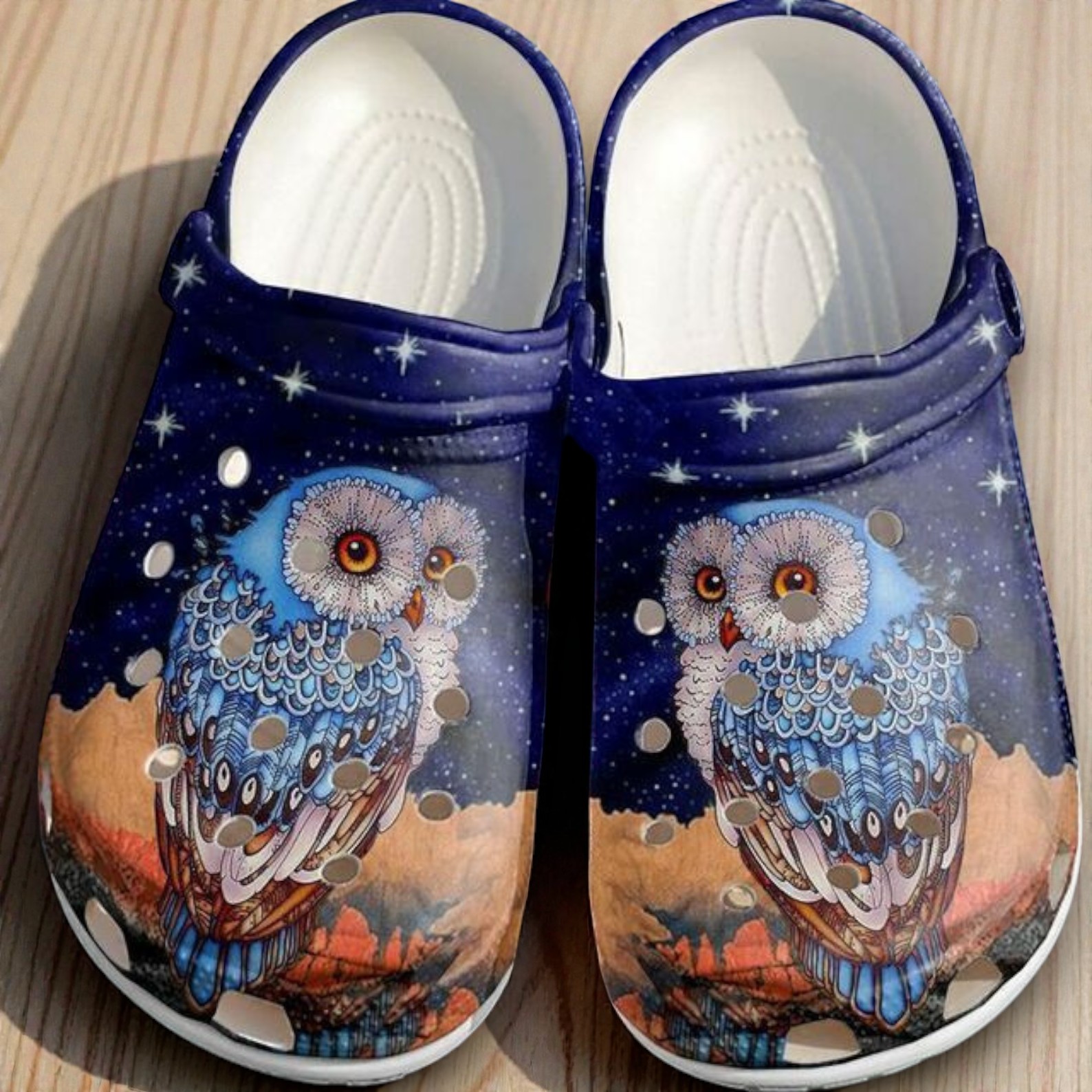Cosmic Blue Owl & Desert Canyon Crocs | Starry Night Bird Shoes Cosmic Blue Owl & Desert Canyon Crocs | Starry Night Bird Shoes