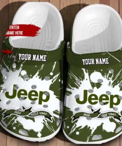 Personalized Jeep Est 1941 Crocs | Olive Green Mud Splatter Shoes