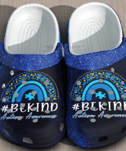 Autism Awareness “Be Kind” Blue Glitter Crocs – Leopard Rainbow Support Shoes