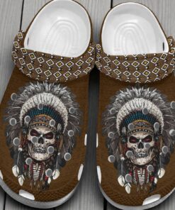 Native American Chief Skull Crocs – Brown Tribal Indian Headdress Shoes