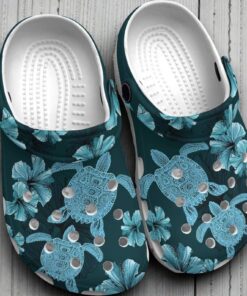 Blue Sea Turtle & Hibiscus Floral Crocs – Dark Teal Tropical Beach Shoes