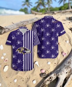 Baltimore Ravens Stripes And Skull Hawaii Shirt Summer Collection, Baltimore Ravens Merchandise