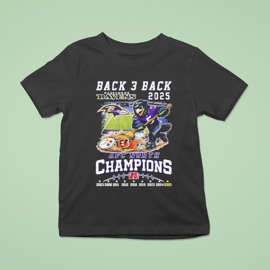Baltimore Ravens Back 3 Back 2025 Afc North Champions MascoUnisex Shirt Baltimore Ravens Back 3 Back 2025 Afc North Champions MascoUnisex Shirt