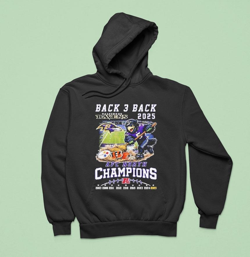 Baltimore Ravens Back 3 Back 2025 Afc North Champions MascoUnisex Shirt Baltimore Ravens Back 3 Back 2025 Afc North Champions MascoUnisex Shirt