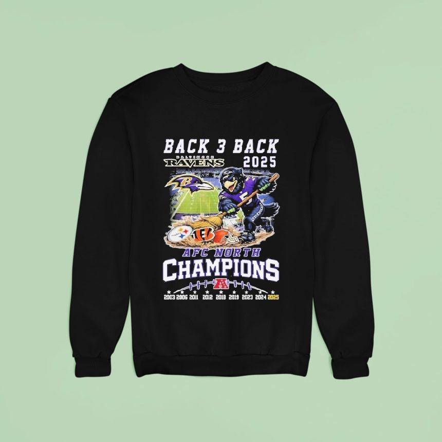 Baltimore Ravens Back 3 Back 2025 Afc North Champions MascoUnisex Shirt Baltimore Ravens Back 3 Back 2025 Afc North Champions MascoUnisex Shirt