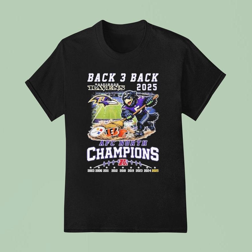 Baltimore Ravens Back 3 Back 2025 Afc North Champions MascoUnisex Shirt Baltimore Ravens Back 3 Back 2025 Afc North Champions MascoUnisex Shirt