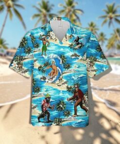 Bigfoot Surfing Summer Vintage Beach Carrying Hotdog Button Down Hawaiian Shirt