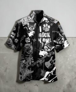 Cat Rock D Roll Cool Music Lover Short sleeve Rock Music Button Up Hawaiian Shirt