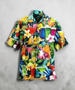 Cocktail Flowers Vintage Beach Short Sleeve Hawaiian Shirt