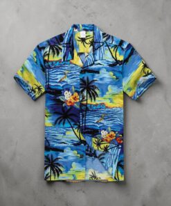 Cruise Tropical Luau Beach Party Blue Sunset Palm Tree Hawaiian Shirt