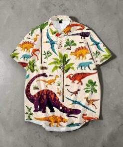 Dinosaurs Cartoon Beach Summer Beach Vintage Button Down Hawaiian Shirt