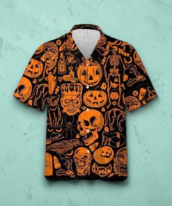 Halloween Skull Pumpkin Black Cat Skeleton Tropical Beach Hawaiian Shirt