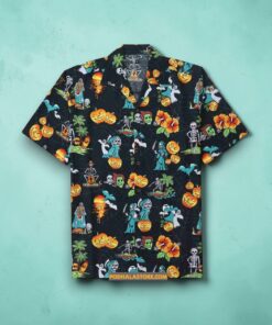 Halloween With Pumpkin Skeleton Skull Spooky Fun Party Aloha Quirky Funky Hawaiian Shirt