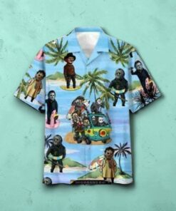 Horror Movie Characters On The Beach Aloha Tropical Button Summer Hawaiian Shirt